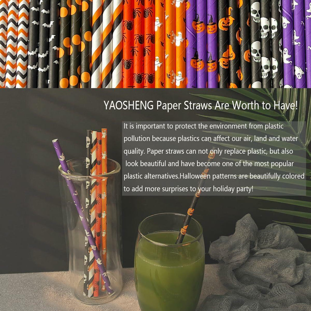 YAOSHENG Halloween Paper Straws 200pcs Biodegradable Mixed Styles Party