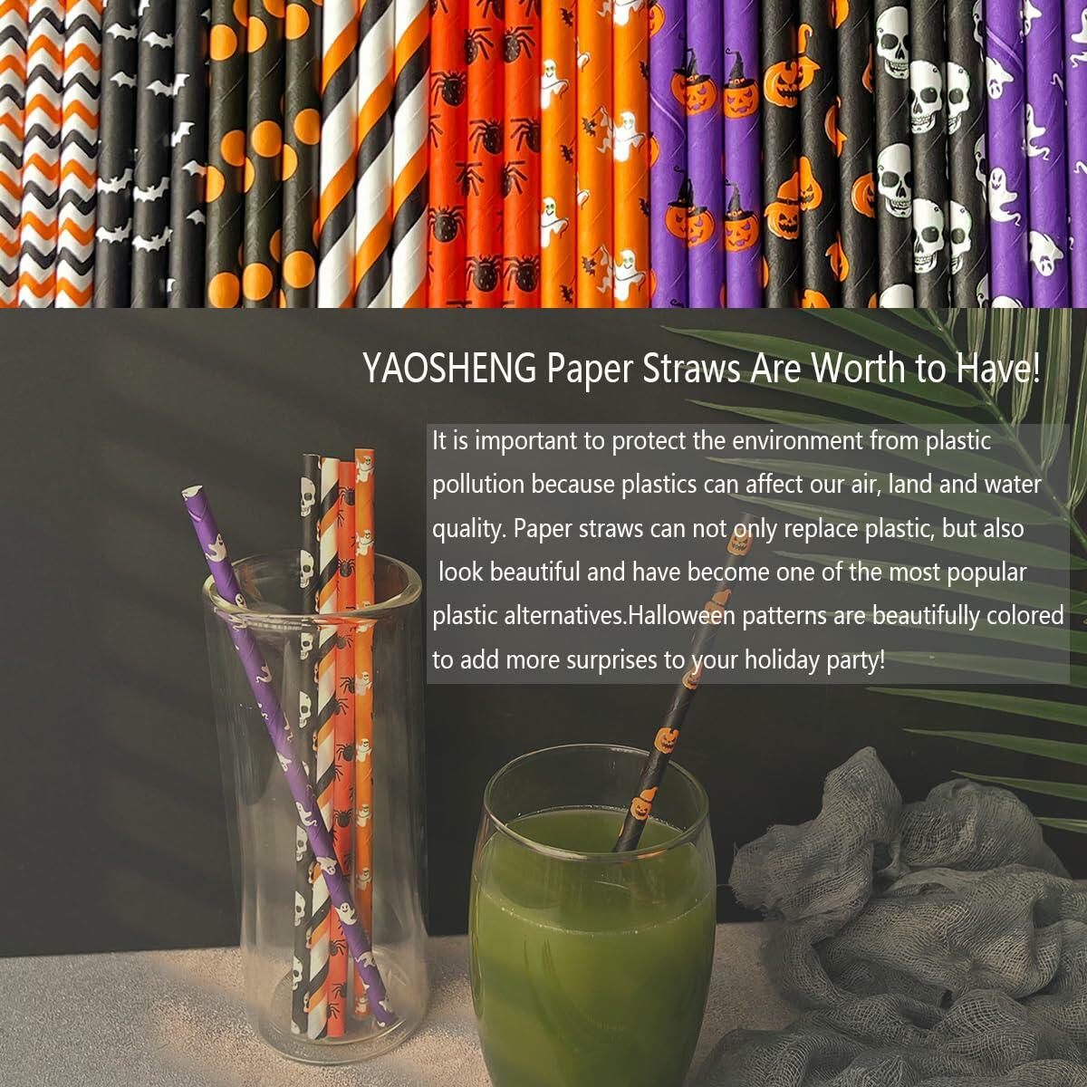 YAOSHENG Halloween Paper Straws 200pcs Biodegradable Mixed Styles Party