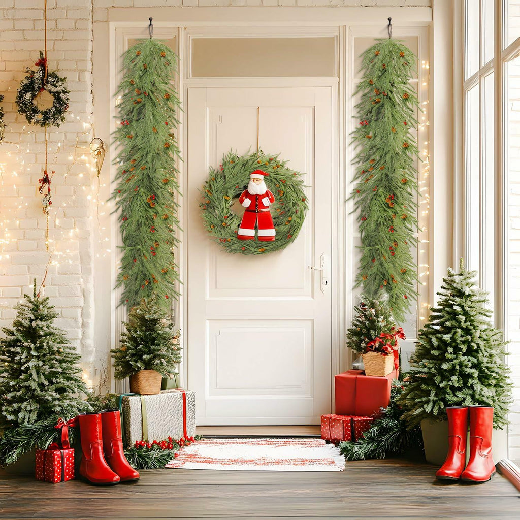 SHareconn 9FT Artificial Norfolk Pine Garland with Pine Cones Red Berries Green