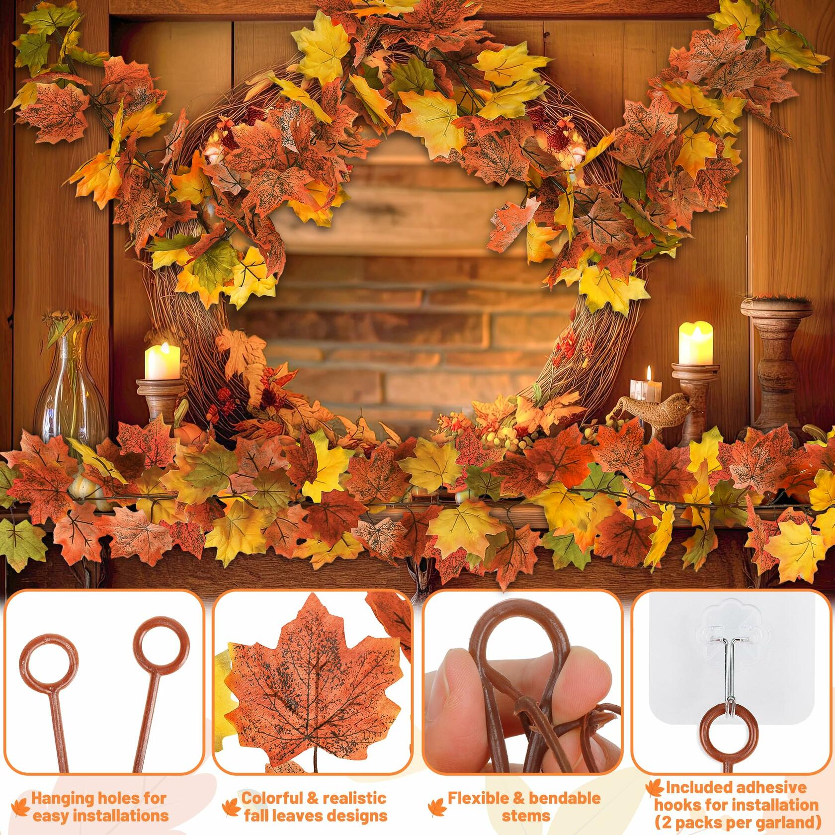 Helimoto Maple Leaf Garland 8 Pack 47.2FT Green Artificial Fall Leaves
