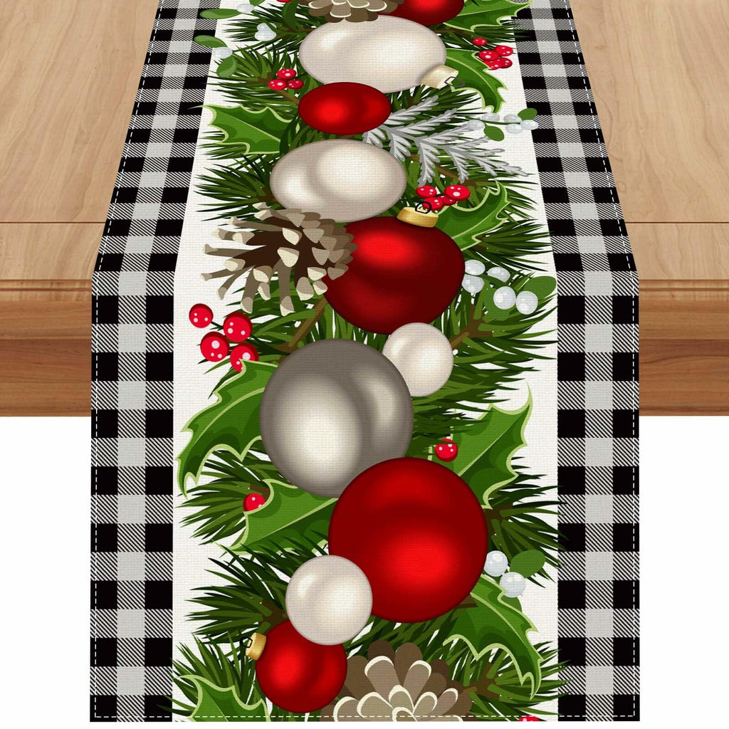 Jiudungs Linen Green Black Buffalo Check Plaid Table Runner 60in