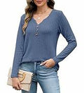 Edelqual Women's Long Sleeve Henley V Neck Sweater Blue Size L