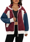 Panadila Womens Fuzzy Fleece Zip Up Oversized Hoodie Burgundy Navy Combo Size M