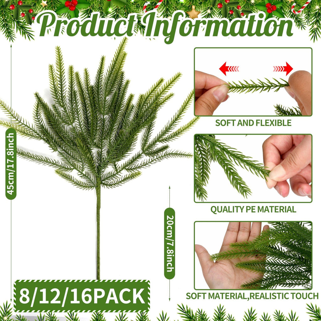 16 Pcs Norfolk Pine Branch 18in Artificial Christmas Green Plastic