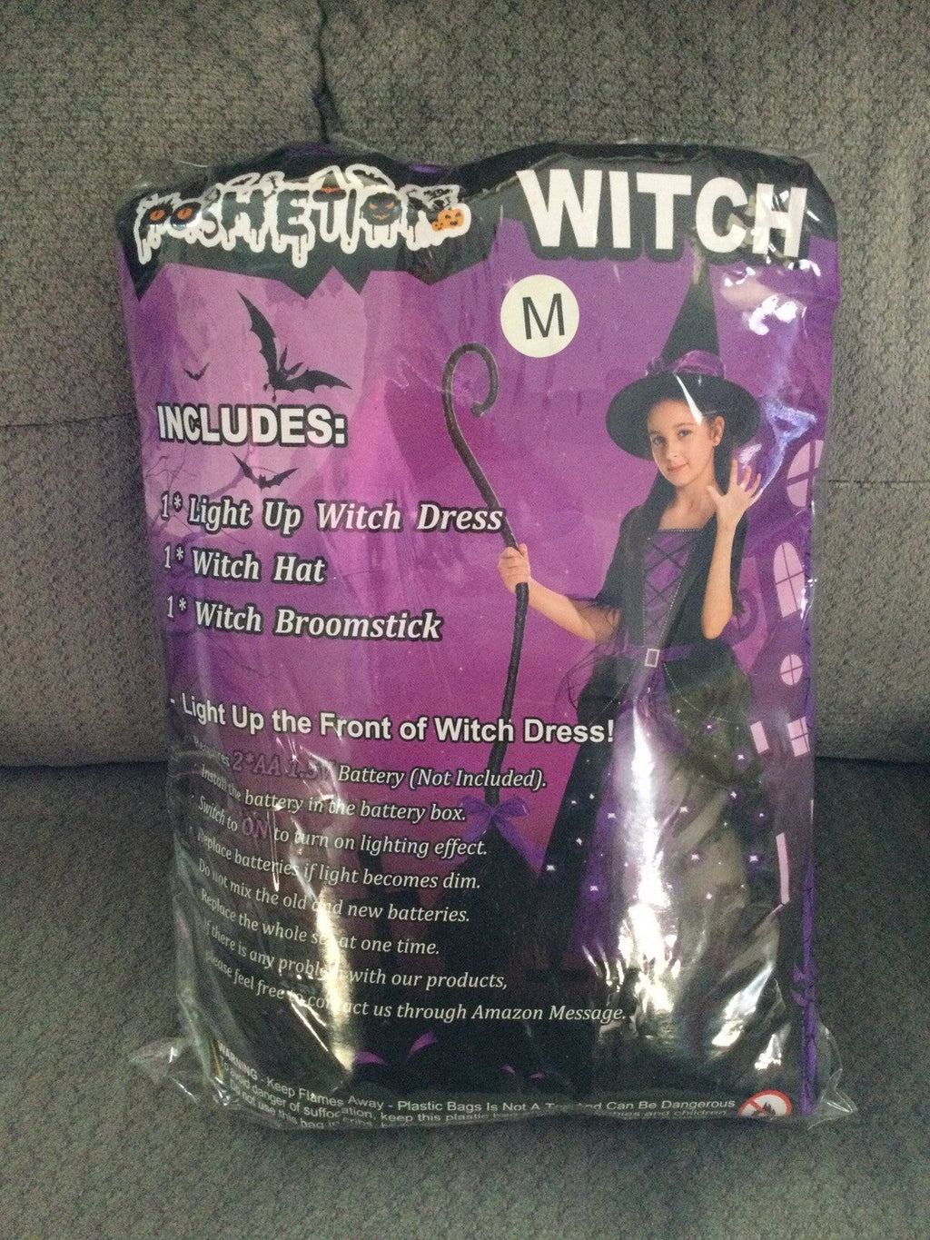Poshetion Light-Up Witch Costume Dress Hat Broom Size M Child Medium