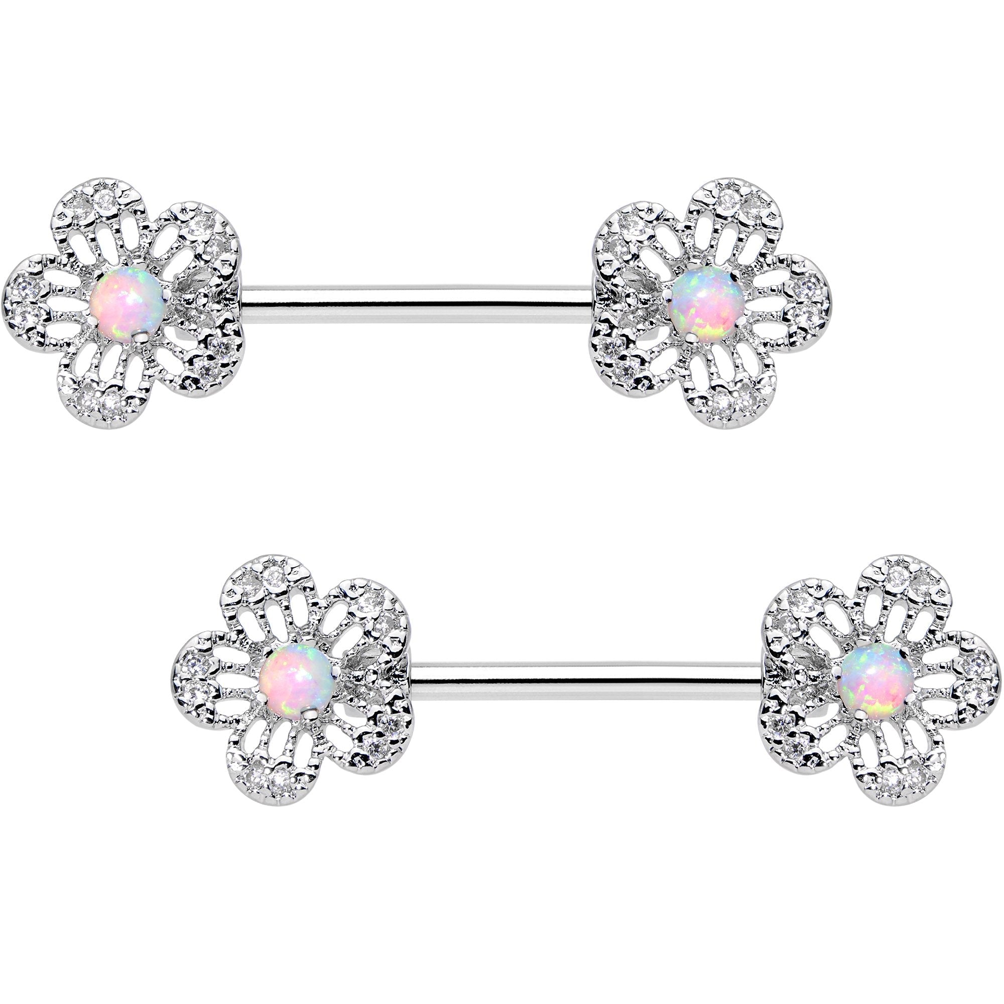 White Synthetic Opal Frozen Flower Barbell Nipple Ring Set