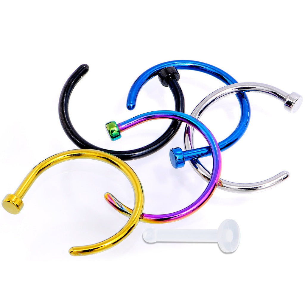 18G 3/8 Pack Set of 5 Assorted Stainless Steel Nose Hoop Rings
